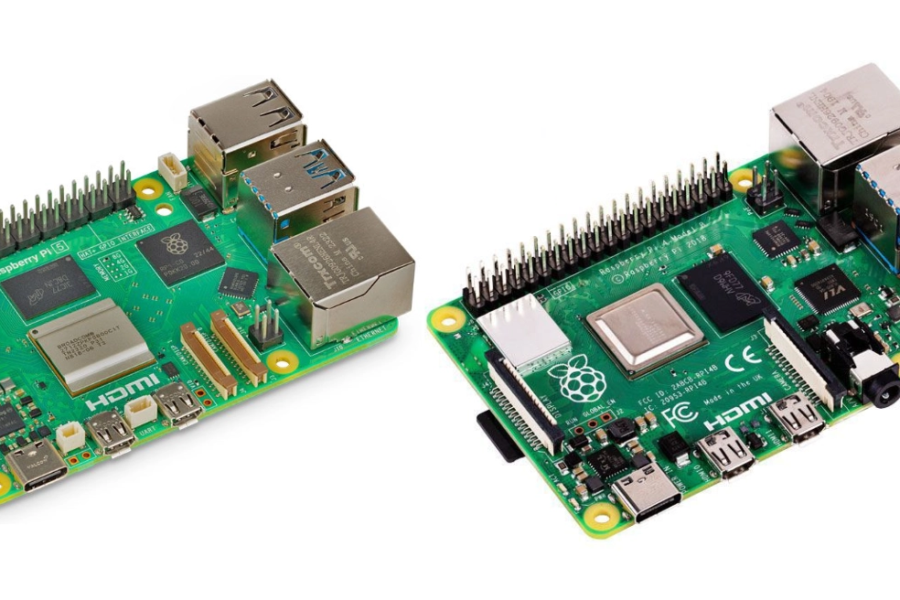 Raspberry Pi 5 next to the Raspberry Pi 4.